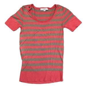 Loft tan and salmon striped knit short sleeve scoop neck blouse, Small